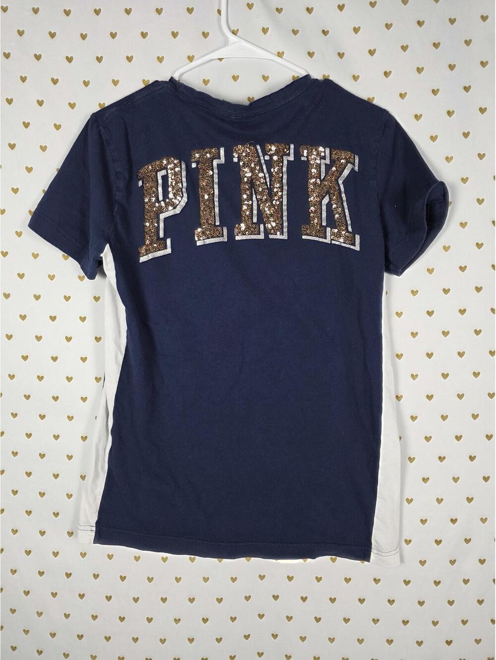 Victorias Secret PINK BLING SEQUINED Logo Tee Shirt Gold Blue XS